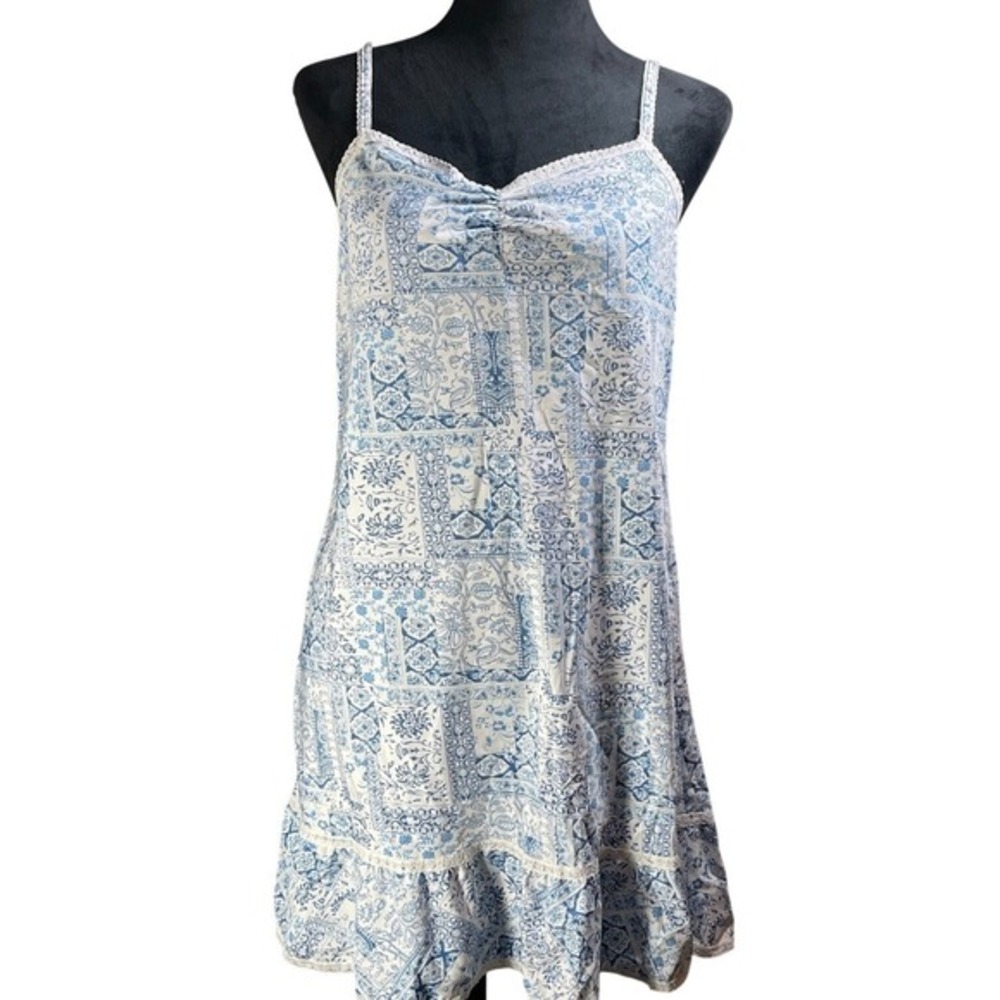 Madison Studio‎ Intimates Blue White Tile Print Slip Dress M victorian romantic